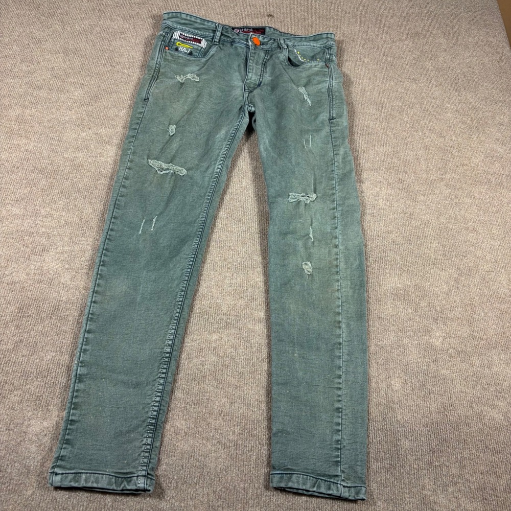 Brand Soda Mens Distressed Denim Jeans Green Faded Ripped Cotton Size 30